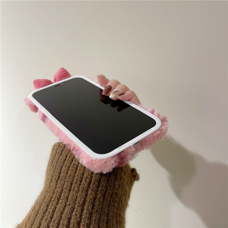 Furry 3D Bow Heart Plush iPhone Case