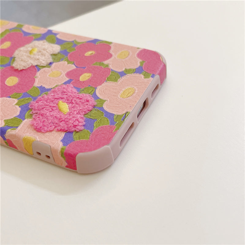 Pink Flowers Embroidery Plush iPhone Case