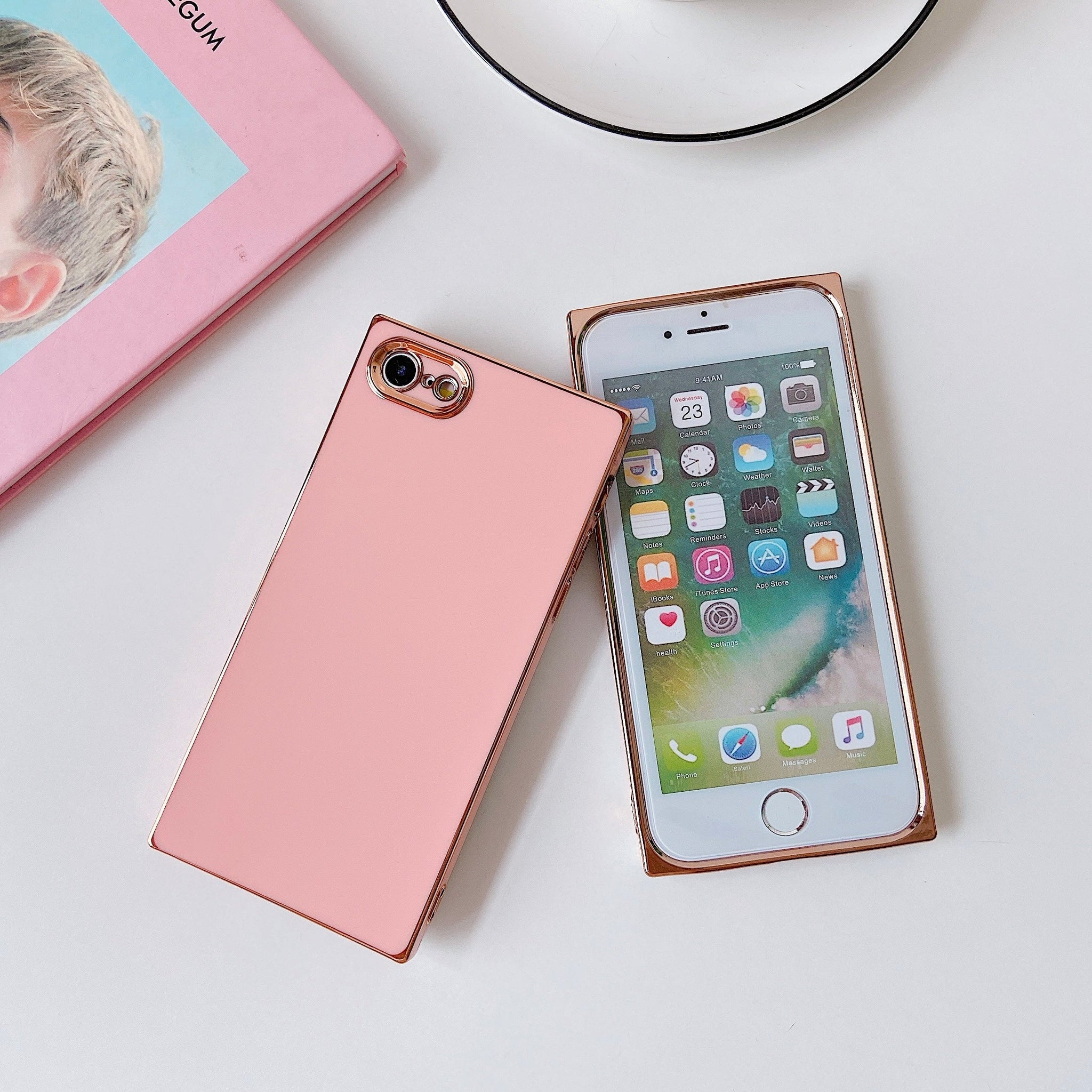 iPhone SE 2022/SE 2020/iPhone 8/7 Case Square Plated Plain Color (Pink)