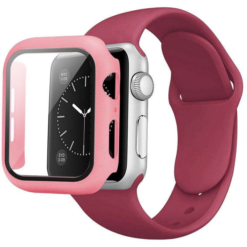 Apple Watch 9H Tempered Glass Screen Protective Case Cover with Pastel Colored Sports Watchband