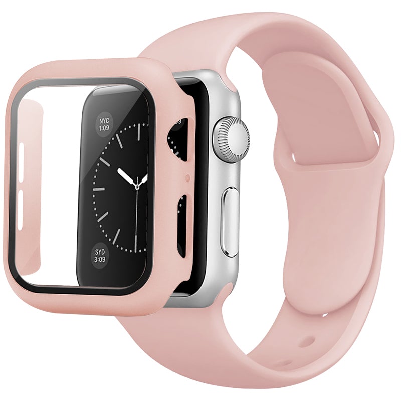 Apple Watch 9H Tempered Glass Screen Protective Case Cover with Pastel Colored Sports Watchband