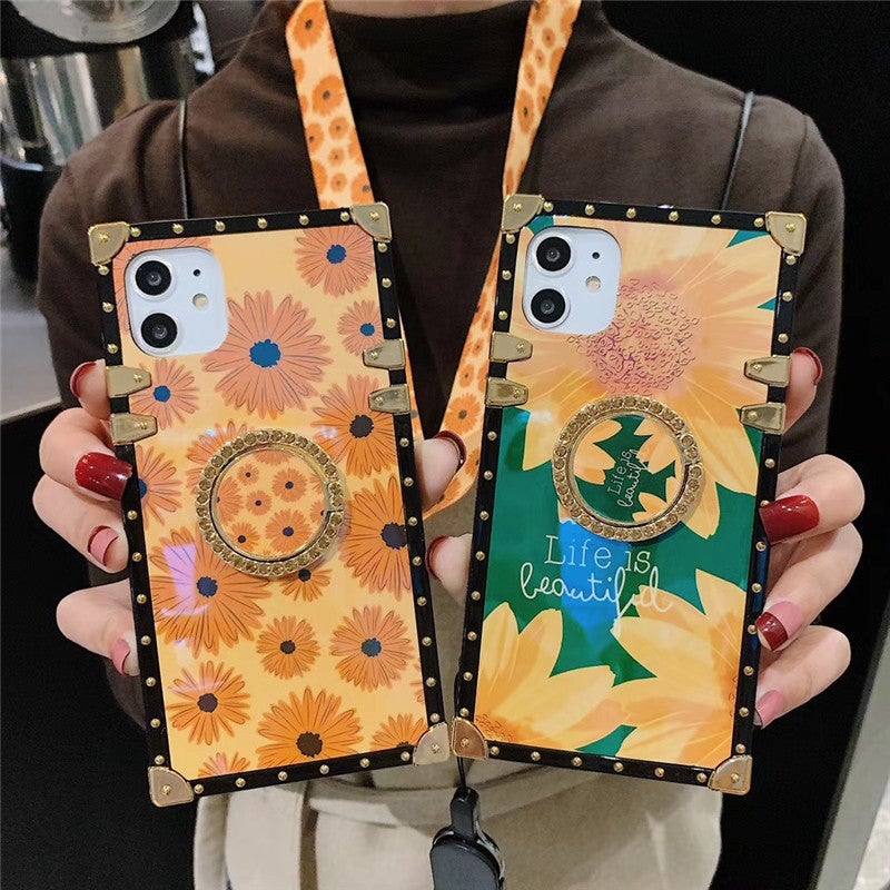 Blue Light Sunflower Phone Case With Ring And Strap