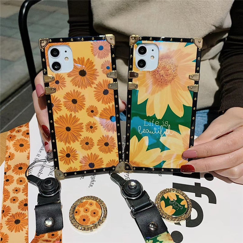 Blue Light Sunflower Phone Case With Ring And Strap