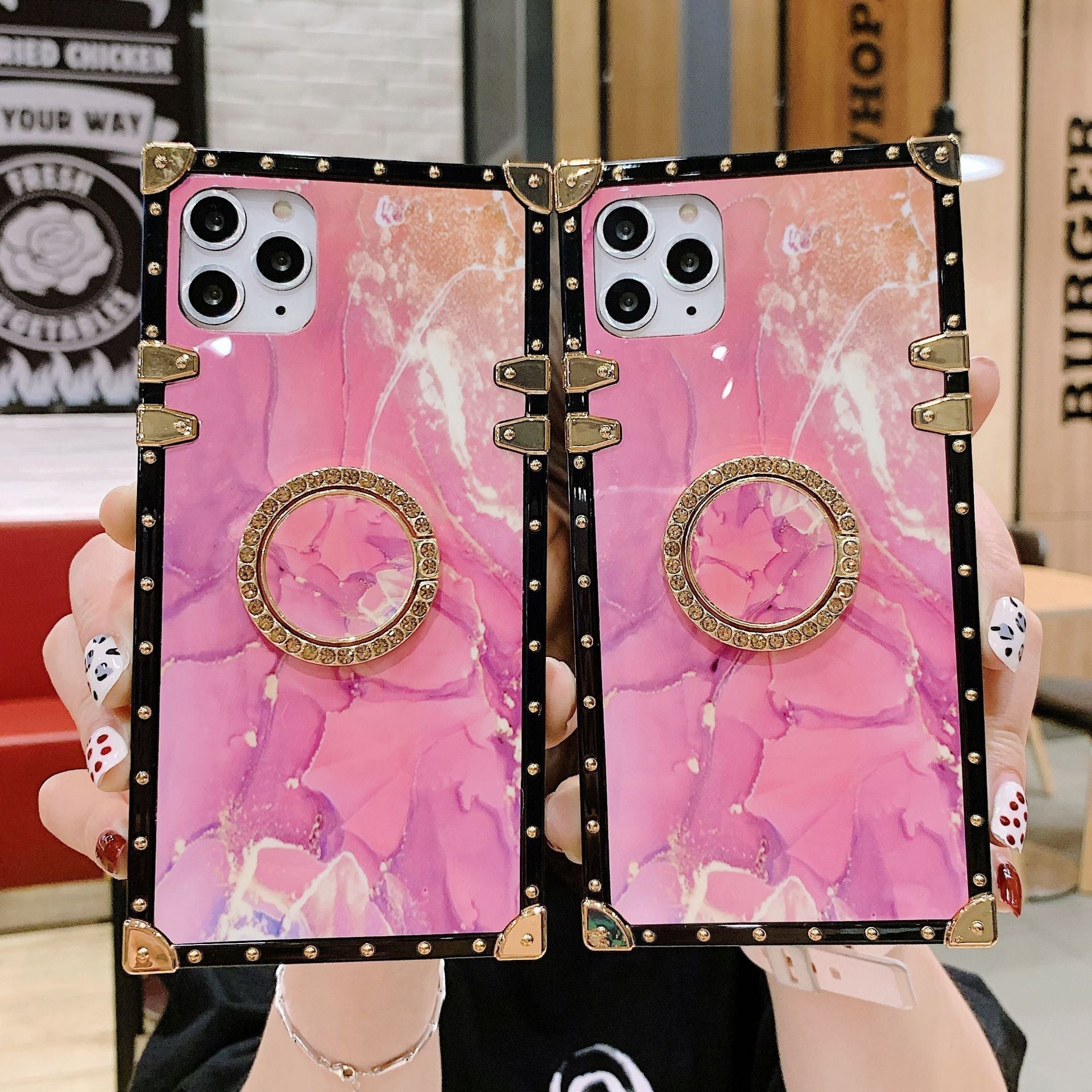 Chic Pink Marble Phone Case with Ring