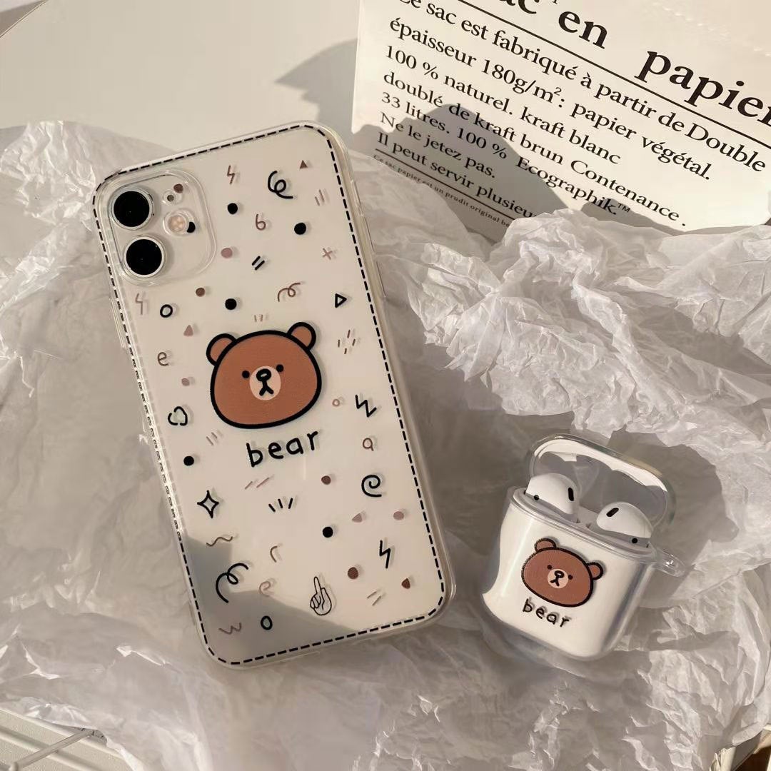 Cute Bear Graffiti Transparent Phone & AirPods Case