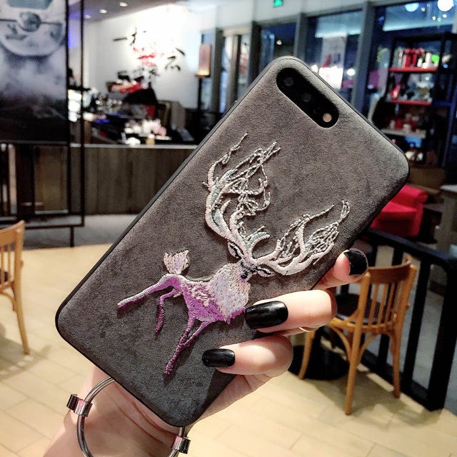 Embroidered Leather Flamingo Dragon Phoenix Deer Phone Case