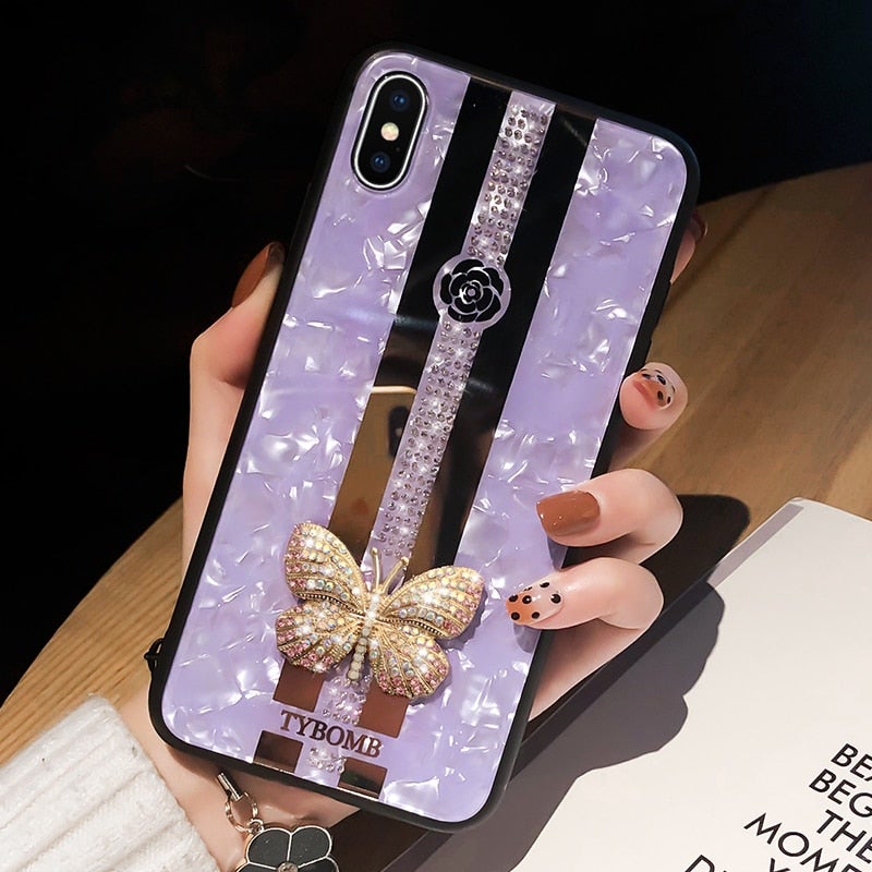 Glossy Butterfly Mirror Jewelled Phone Case with Hand Strap