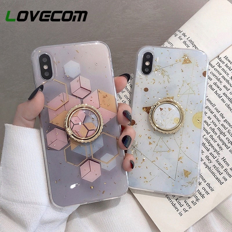 Gold Powder Geometric Marble Phone Case with Ring Holder