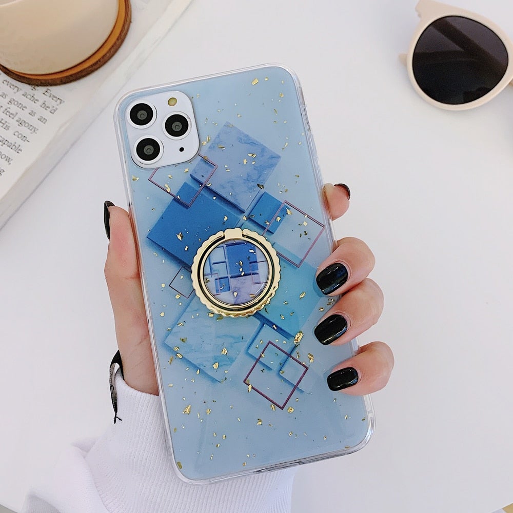 Gold Powder Geometric Marble Phone Case with Ring Holder