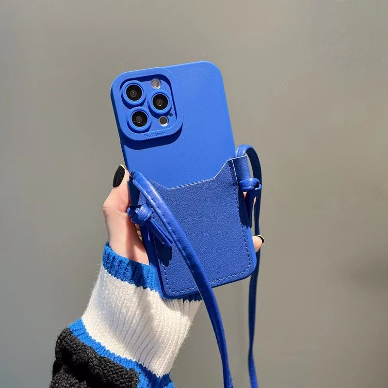 Insert Card Klein Blue Leather Phone Case with Crossbody Strap