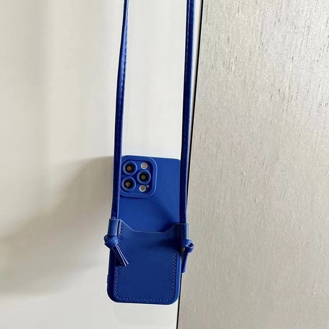 Insert Card Klein Blue Leather Phone Case with Crossbody Strap