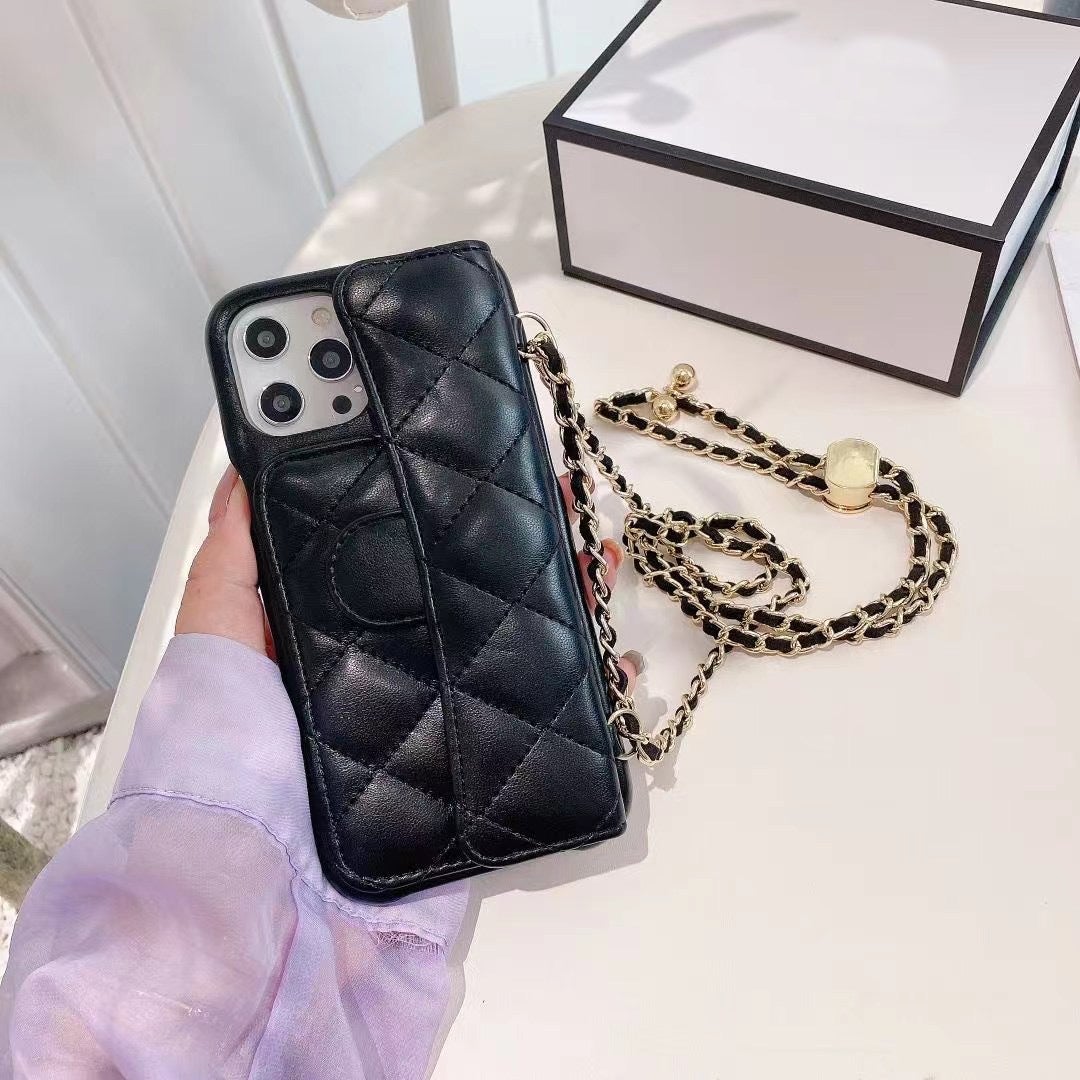 Leather Quilted Wallet Phone Case with Cross-Body Chain