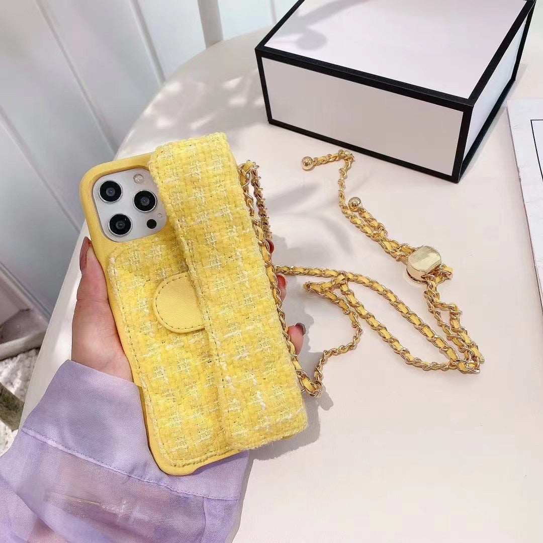 CHANEL Tweed Quilted iPhone XII Pro Case With Chain Yellow Pink