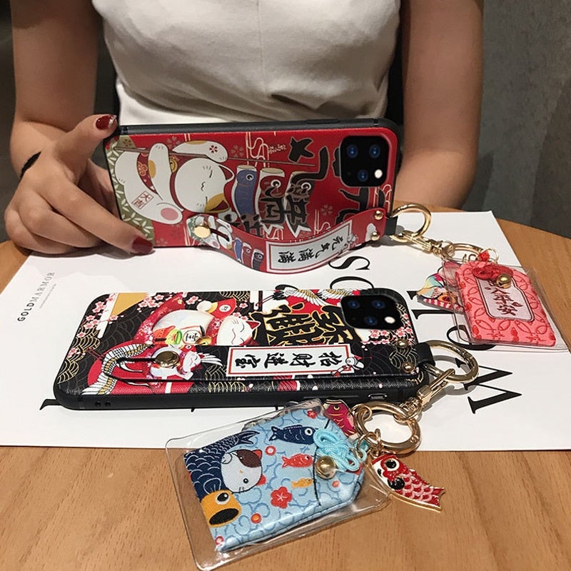 Lucky Cat Phone Case with Hand Strap and Key Chain