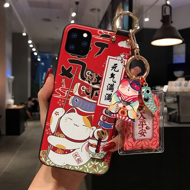 Lucky Cat Phone Case with Hand Strap and Key Chain