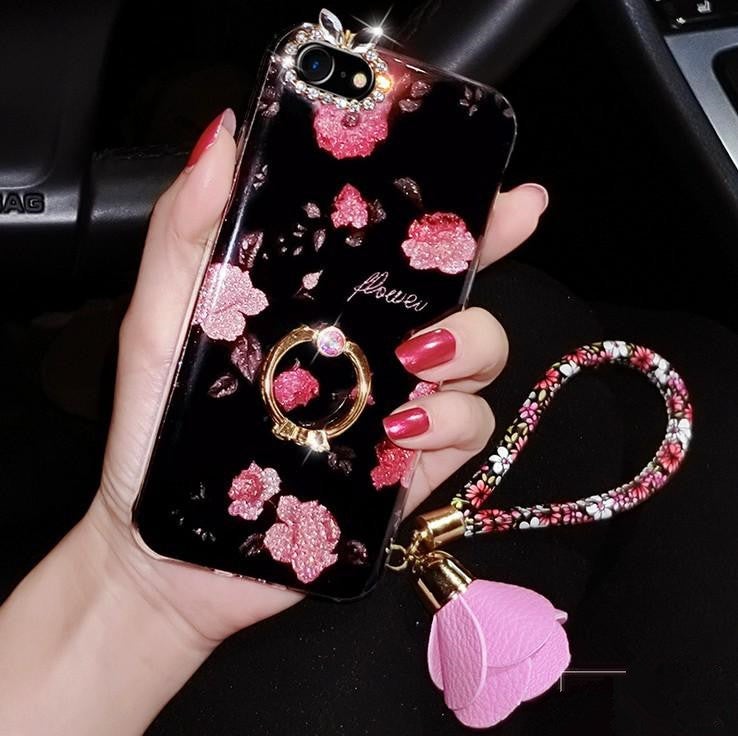 Luxury Bling Rose Phone Case with Ring & Strap