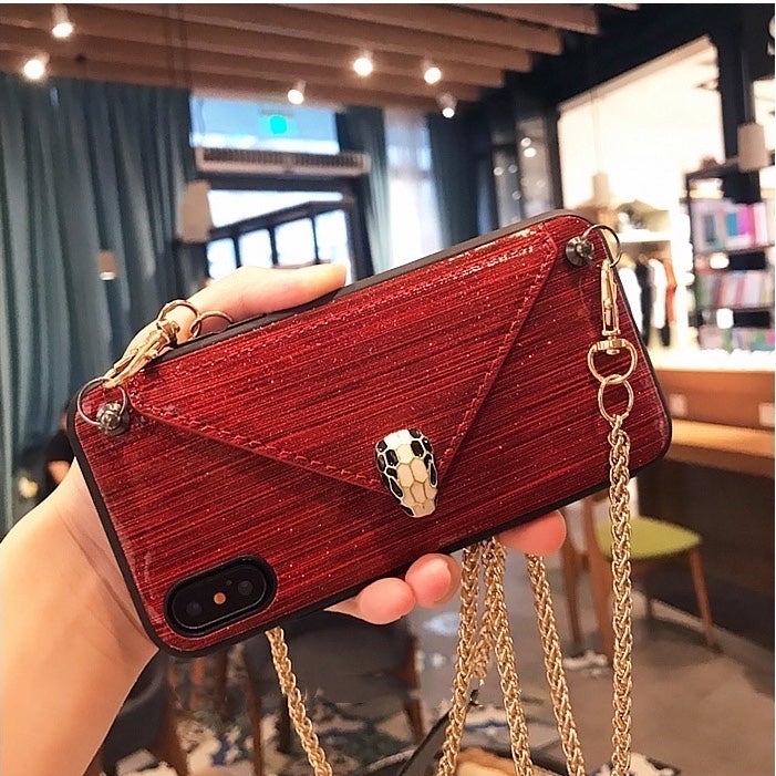 Luxury Blingding Leather Buttoned Wallet Phone Case with Crossbody Chain
