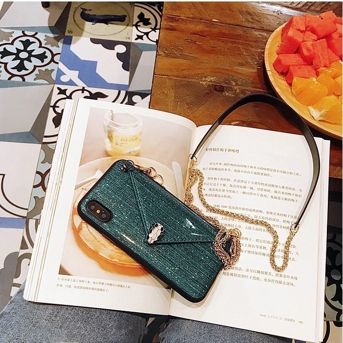Luxury Blingding Leather Buttoned Wallet Phone Case with Crossbody Chain