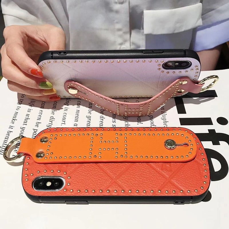Luxury Curved Rivet Leather Phone Case with Hand Strap