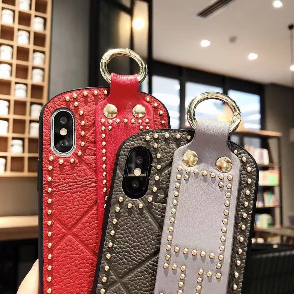 Luxury Curved Rivet Leather Phone Case with Hand Strap