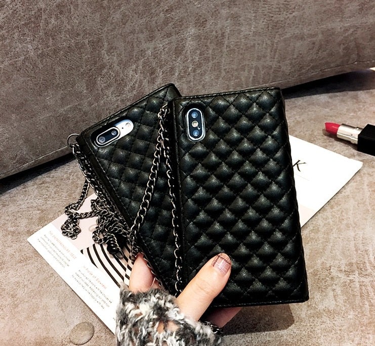 Luxury Folding Mirror Wallet Leather Case with Crossbody Chain
