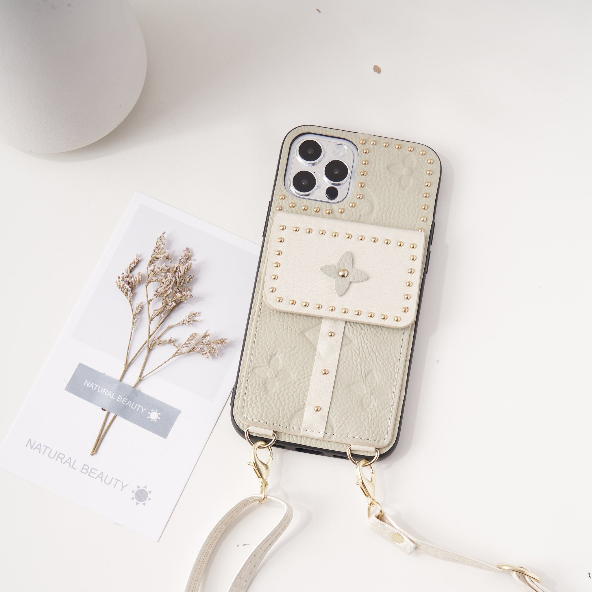 Luxury Leather Insert Card Phone Case with Cross-body Chain