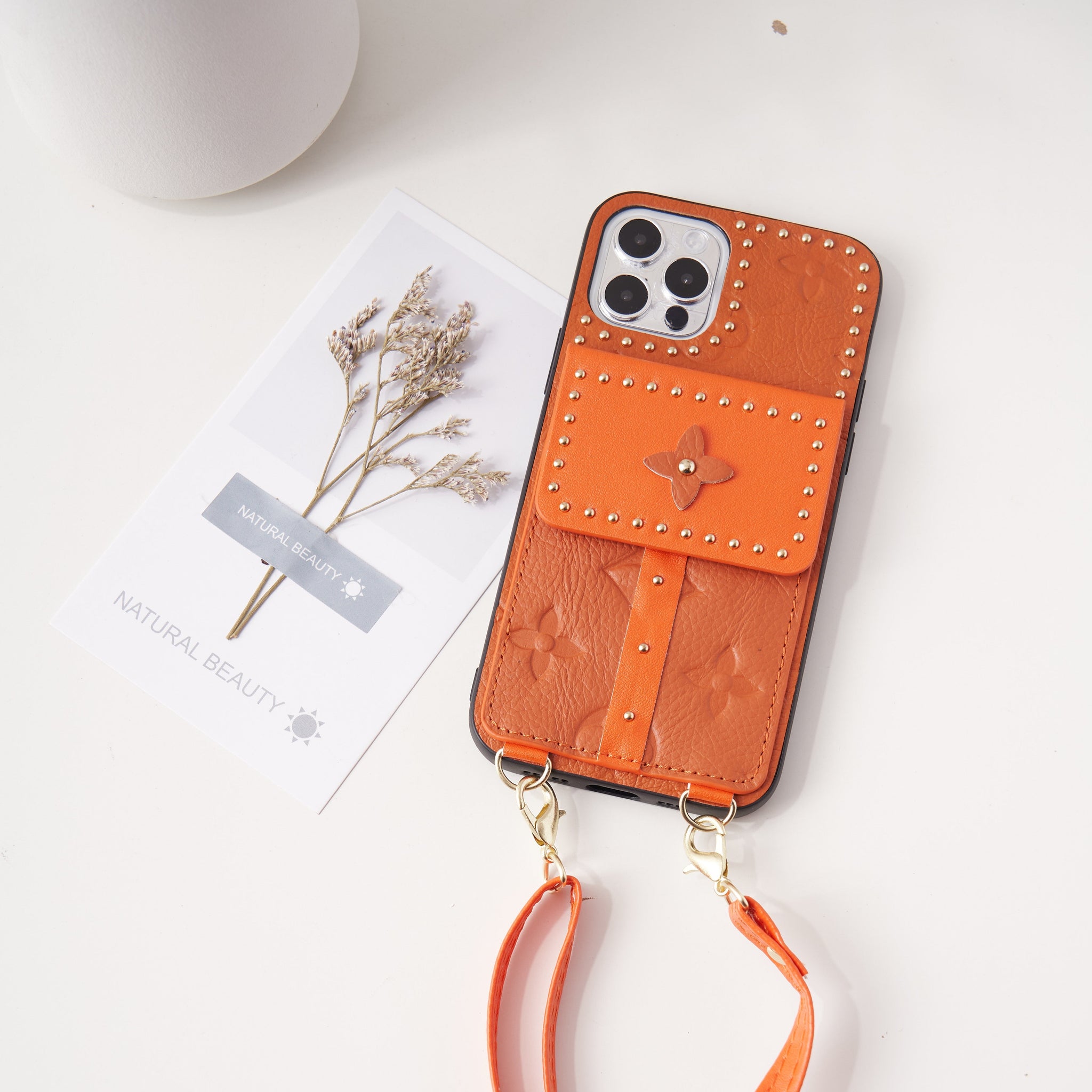 Luxury Leather Insert Card Phone Case with Cross-body Chain