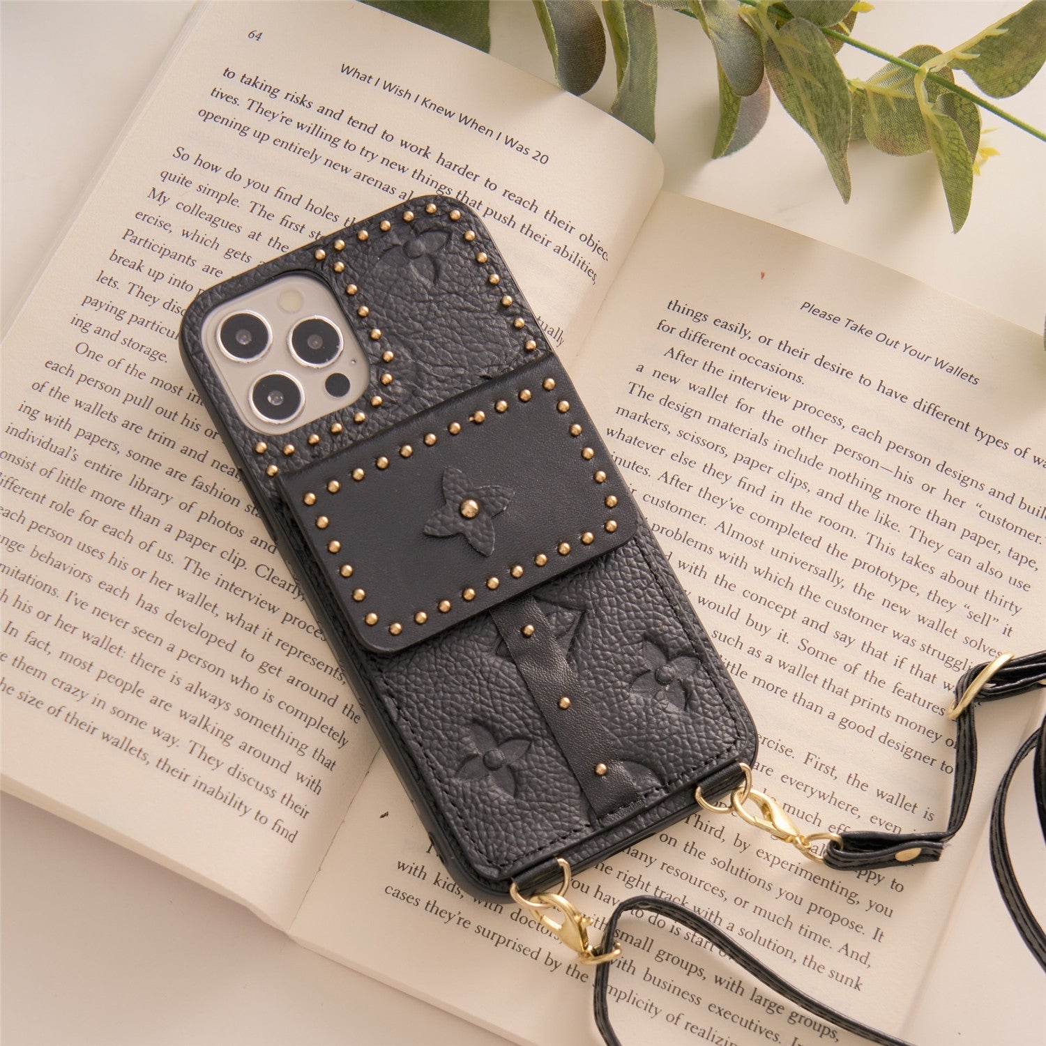 Luxury Leather Insert Card Phone Case with Cross-body Chain