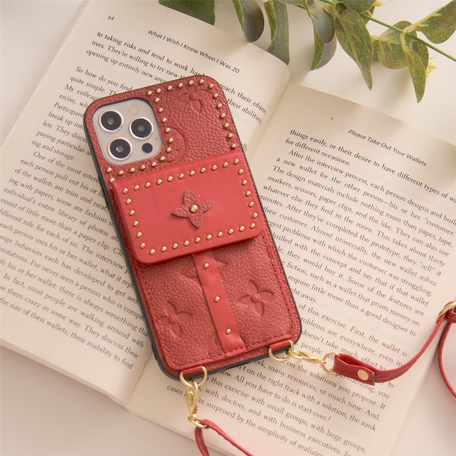 Luxury Monogram Insert Card Leather Phone Case with Hand Strap Holder
