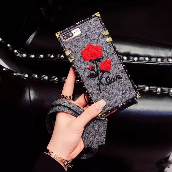 Luxury Leather Rose Embroidery With Strap Phone Case