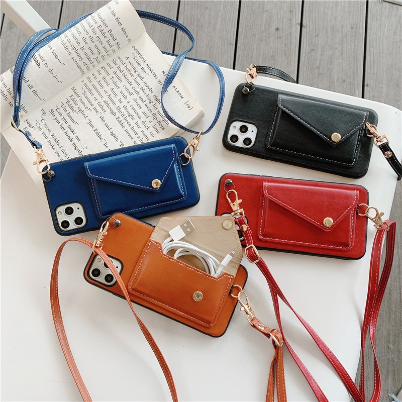 Luxury Leather Wallet Insert Card Phone Case with Strap