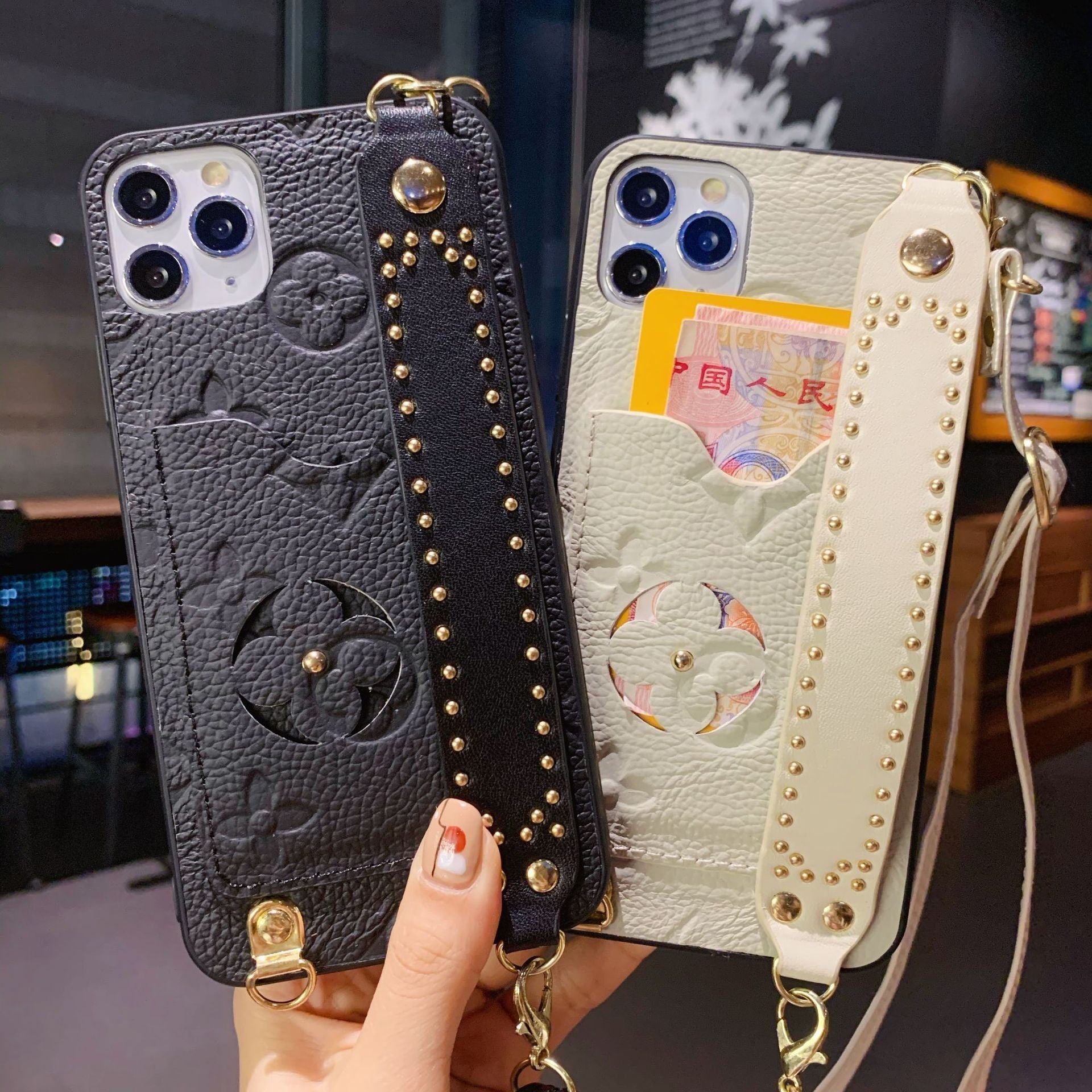 Luxury Monogram Insert Card Leather Phone Case with Hand Strap Holder & Body Crosschain