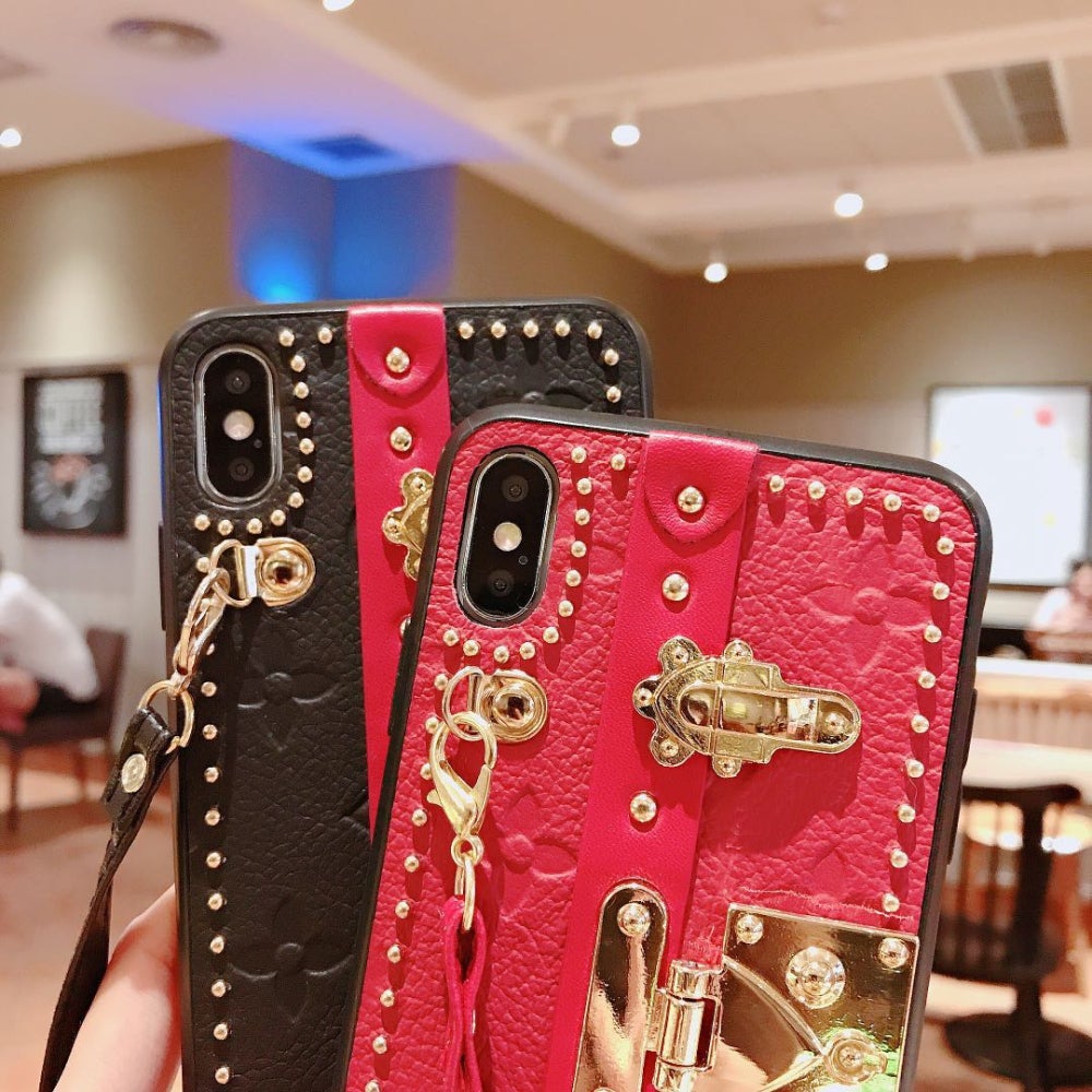 Luxury Monogram Leather Lock Box Phone Case with Crossbody Sling