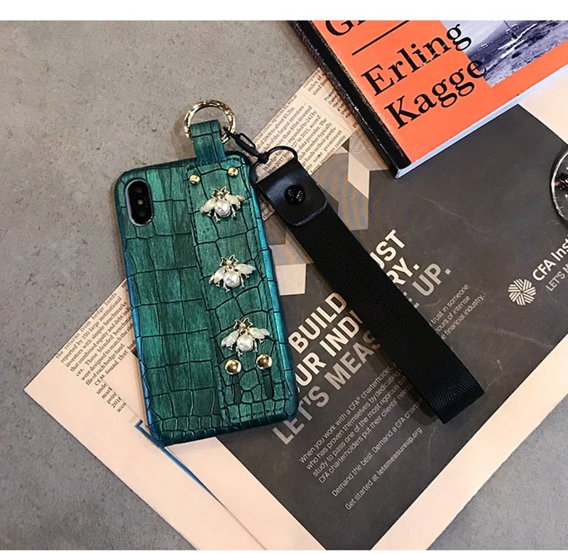 Luxury Pearl Bees Croc Leather Phone Case with Hand Strap Holder