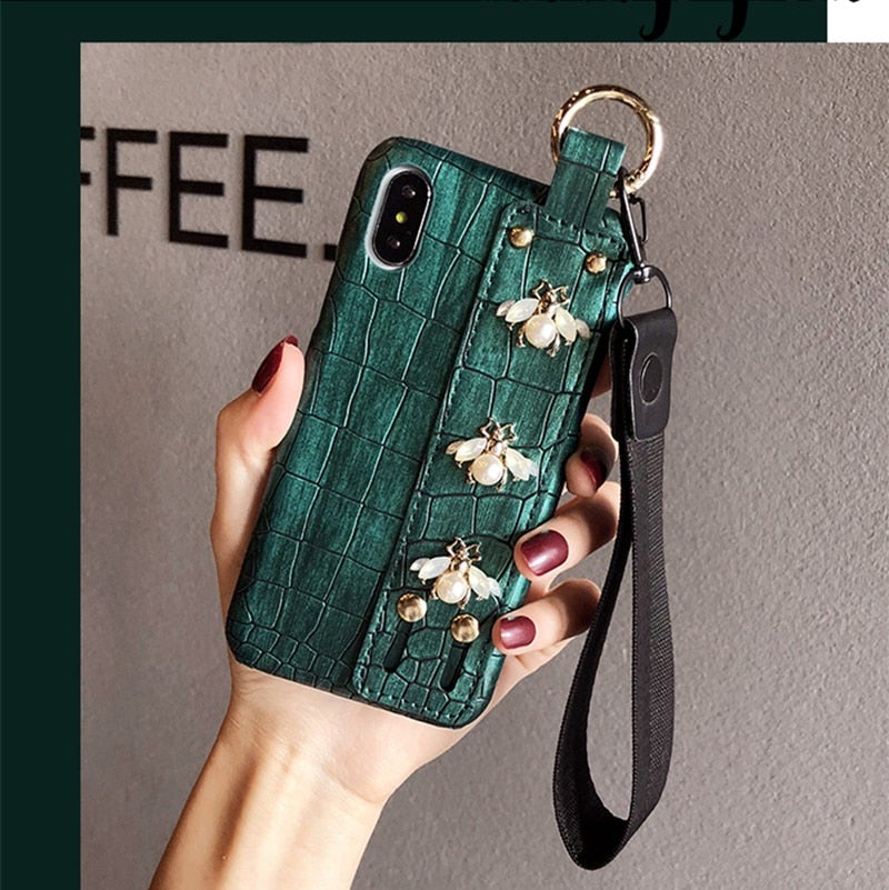 Luxury Pearl Bees Croc Leather Phone Case with Hand Strap Holder