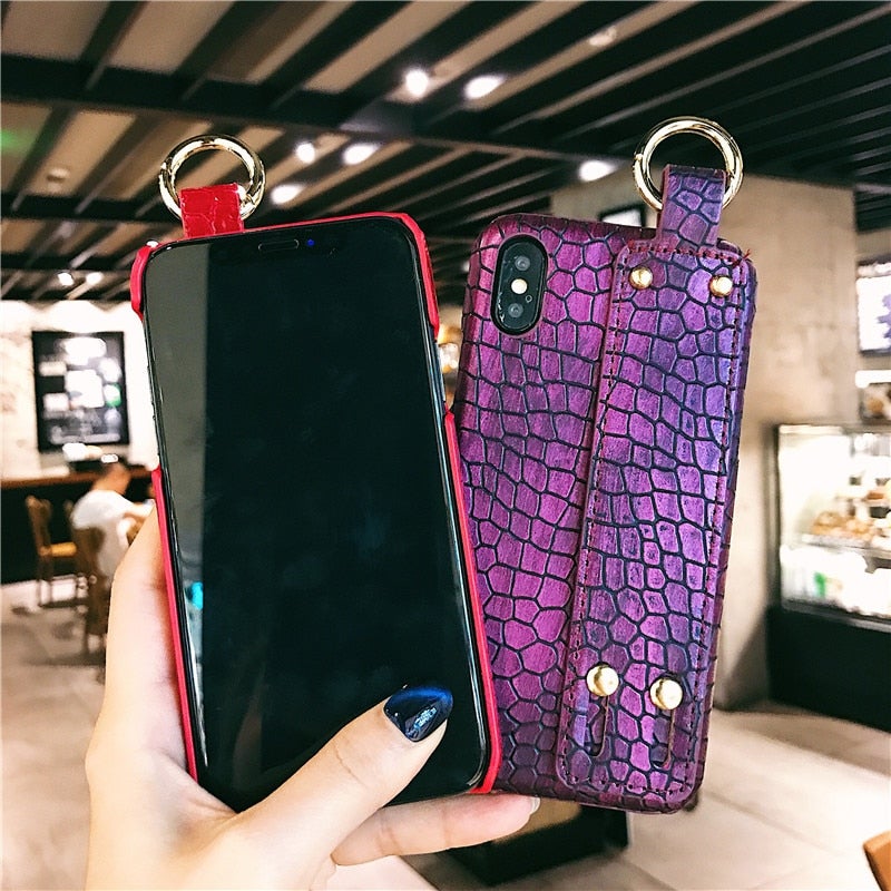 Luxury Plain Croc Leather Phone Case with Hand Strap Holder