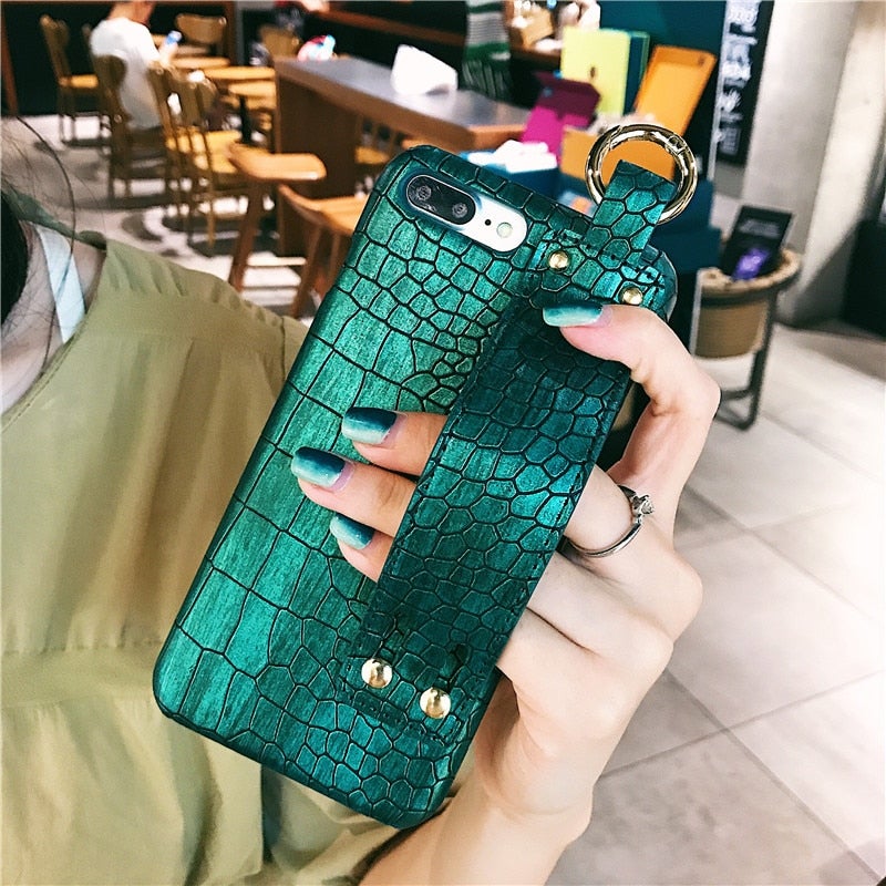 Luxury Plain Croc Leather Phone Case with Hand Strap Holder