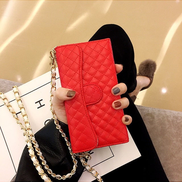 Luxury Sleek Leather Wallet Phone Case with Crossbody Chain