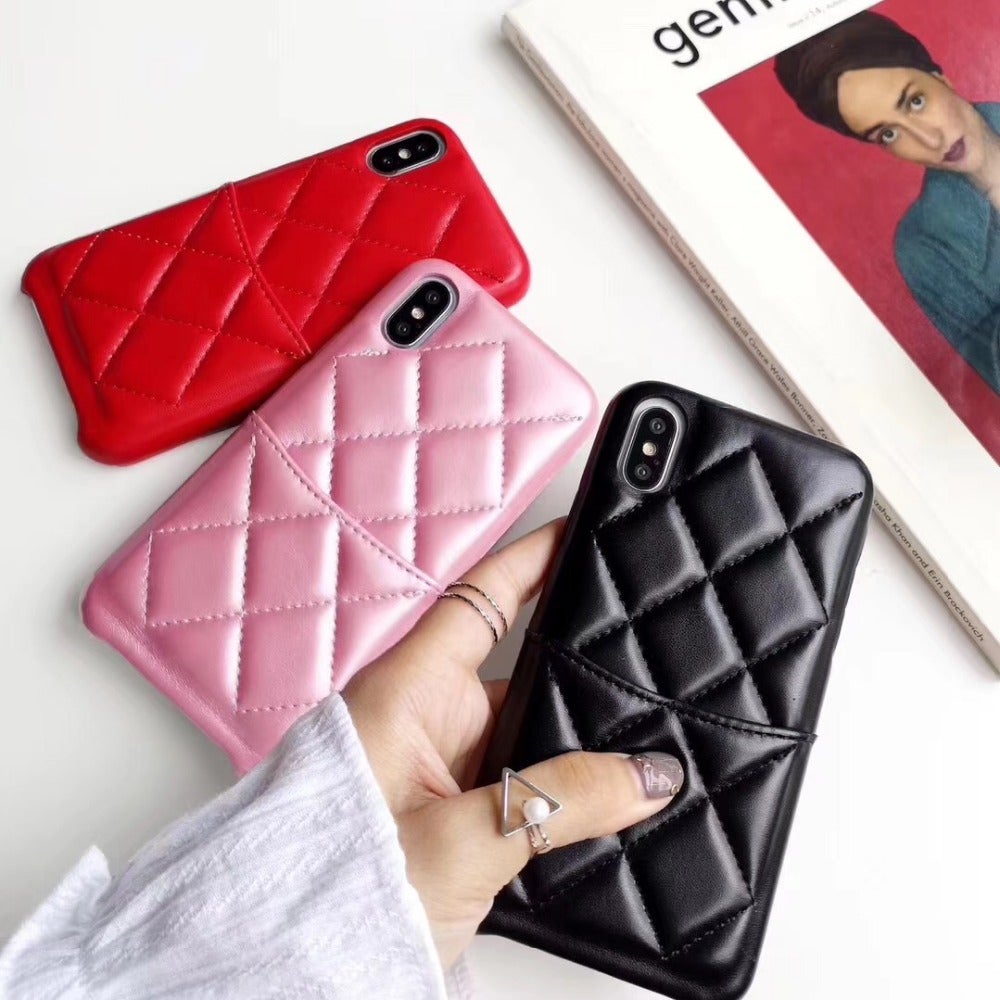 Luxury Sleek Quilted Leather Phone Case with Back Pocket