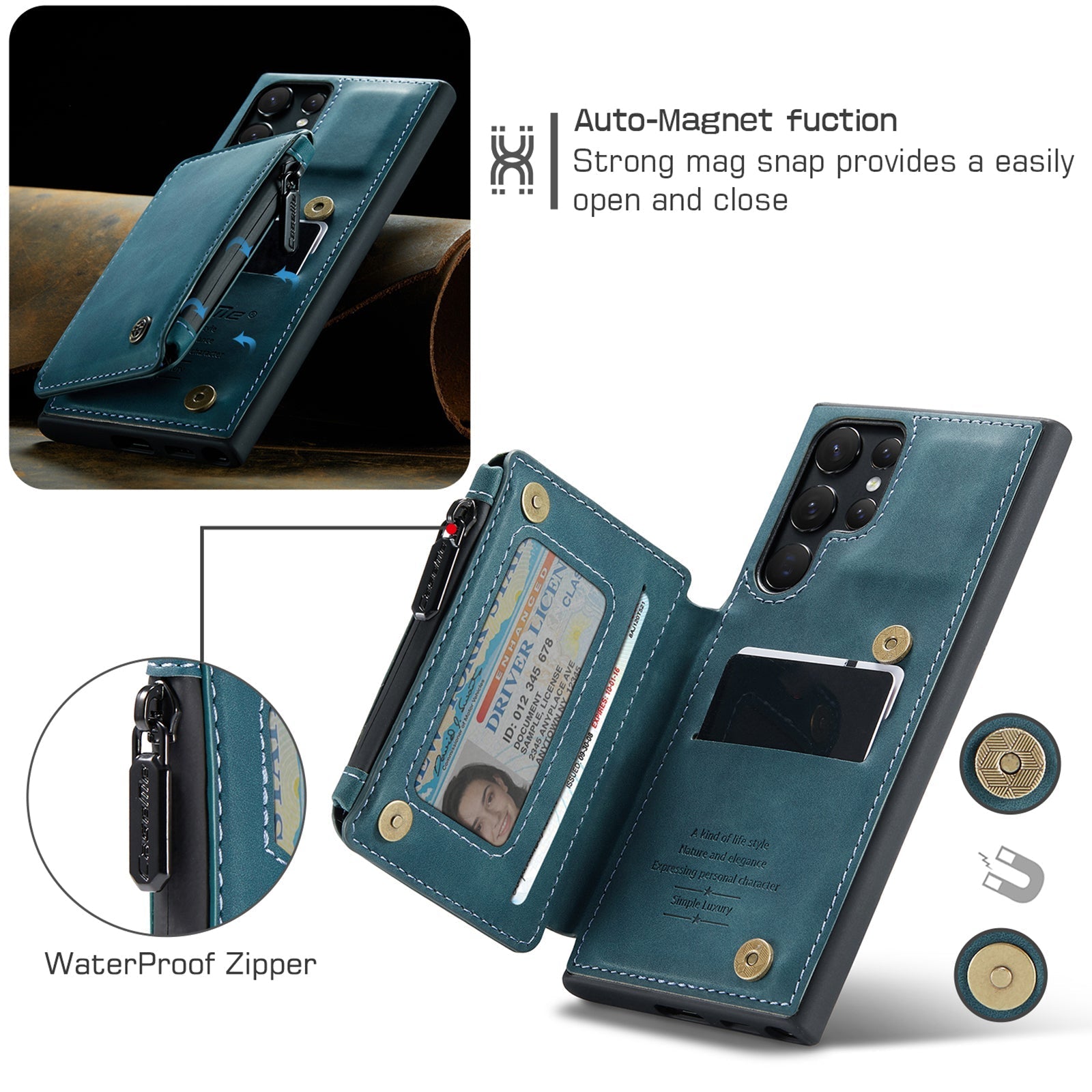 Caeouts Zipper Cardholder Wallet Phone Case Blue