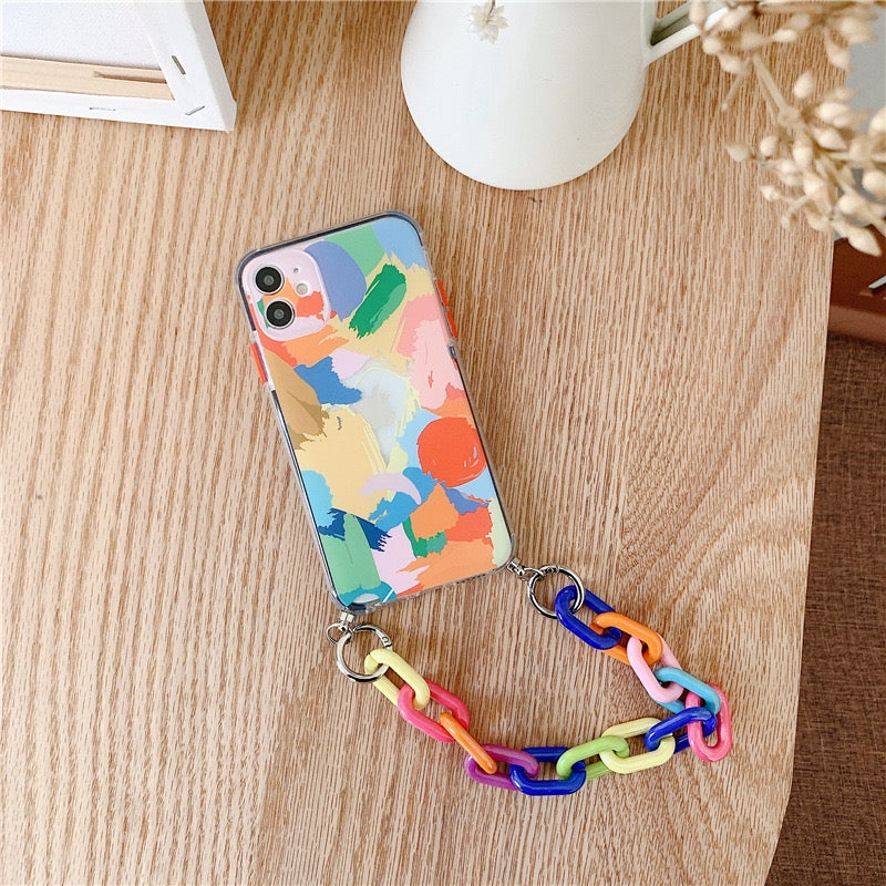 Oil Painting Graffiti Phone Case with Rainbow Strap Chain