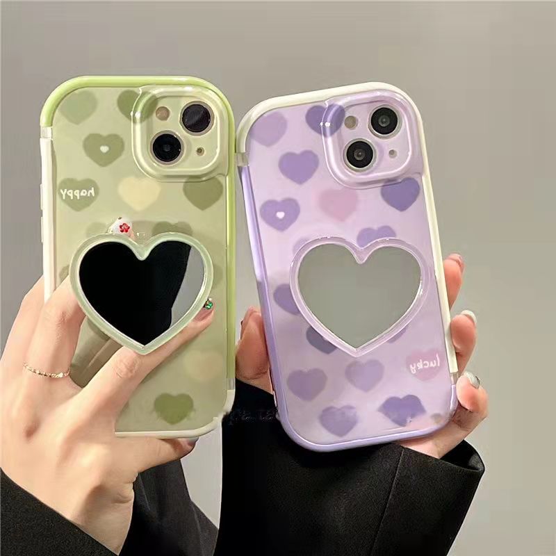 Cute Heart Phone Case With Mirror Phone Grip