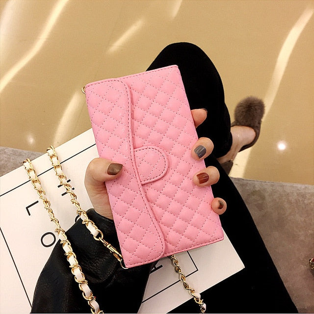 Luxury Sleek Leather Wallet Phone Case with Crossbody Chain