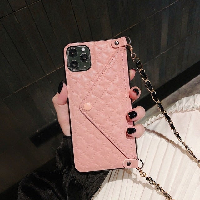 Quilted Leather Wallet Phone Case with Crossbody Chain