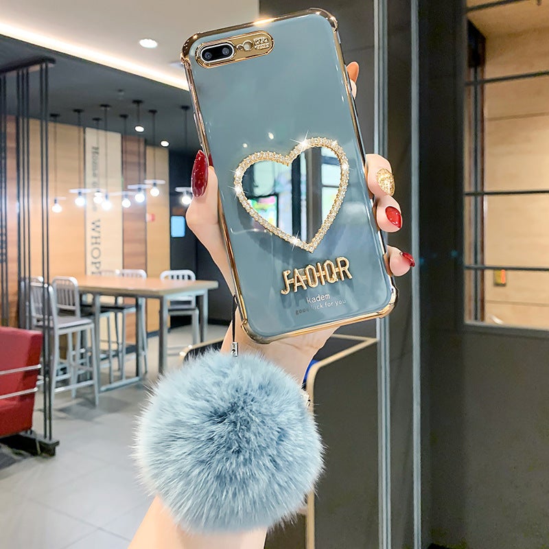 Shining Heart Mirror Phone Case with Pompom Keyring