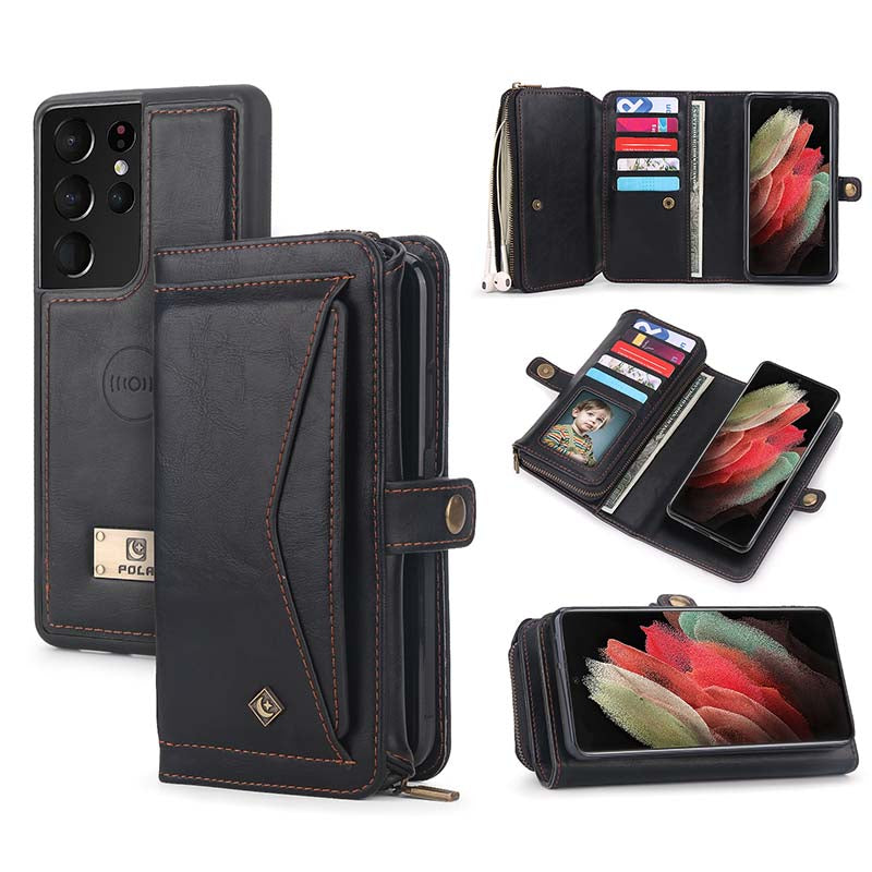 Caeouts Large-Capacity Zipper Card Leather Case for Galaxy