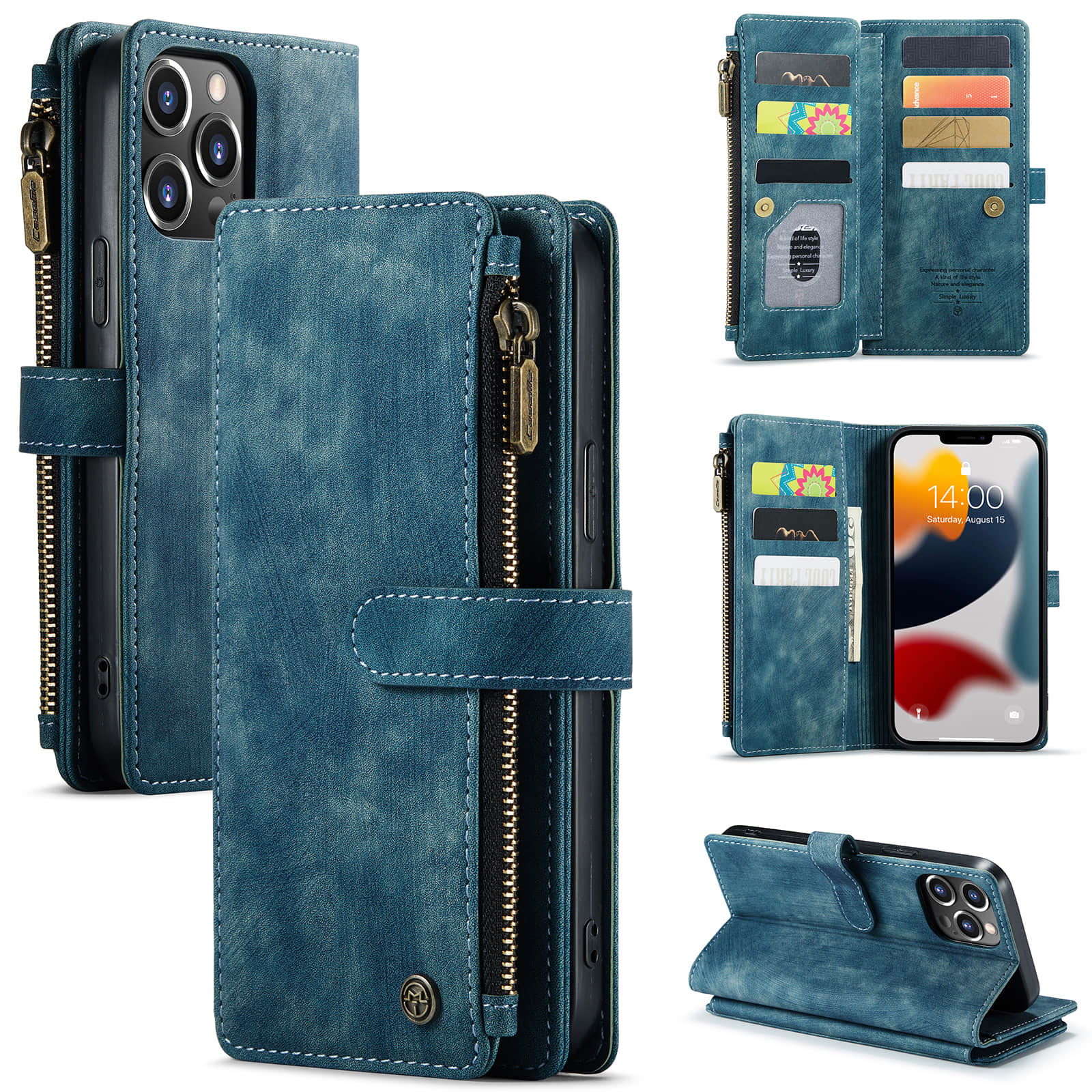 Caeouts Leather Zipper Phone Case Blue