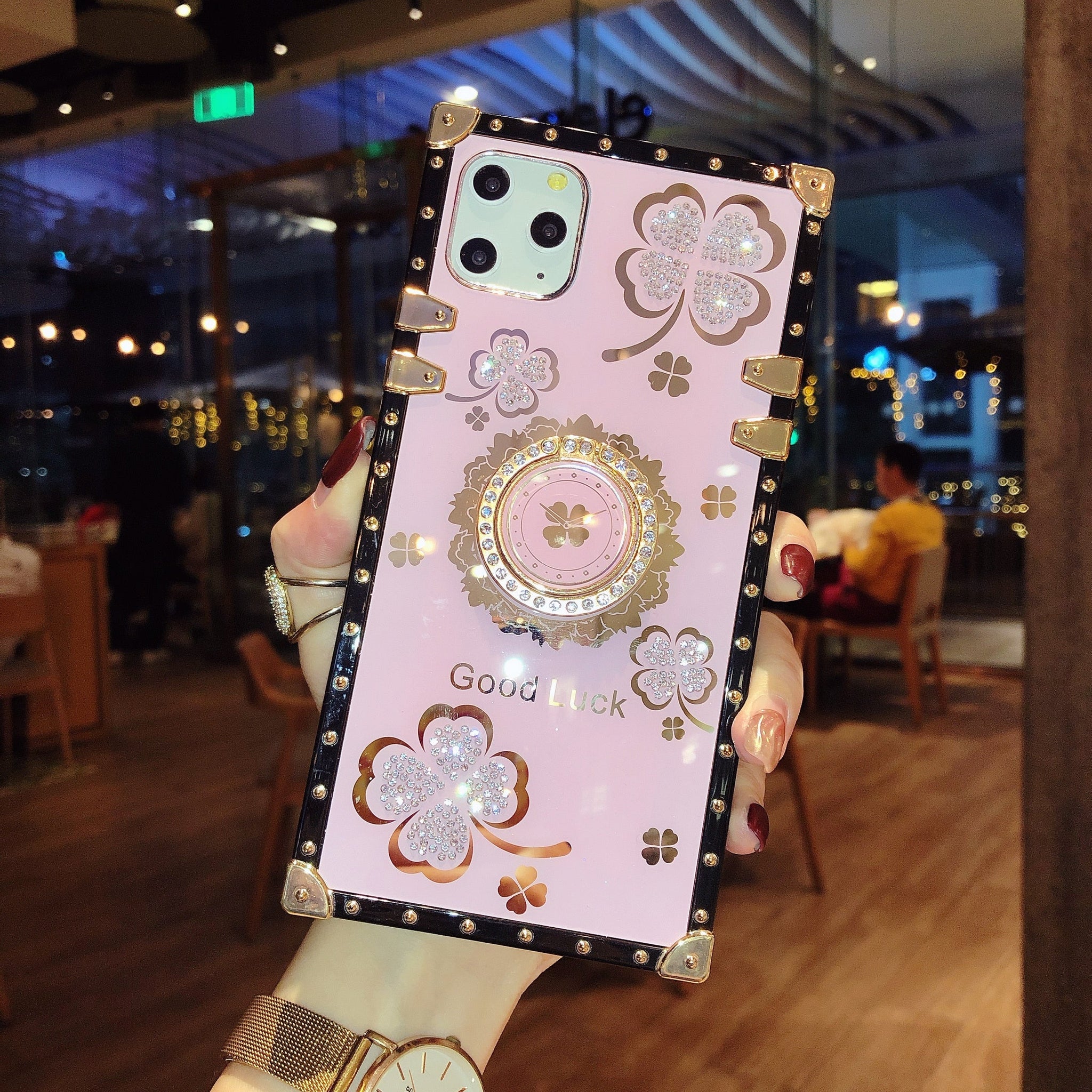Luxury Cute Pink Flower Square Case w/Ring For iPhone 13 Pro Max